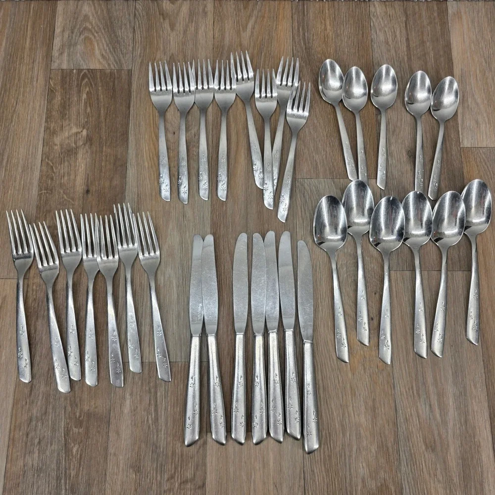 Vintage International Stainless Polaris 33 pc Flatware Set Starburst MCM Floral